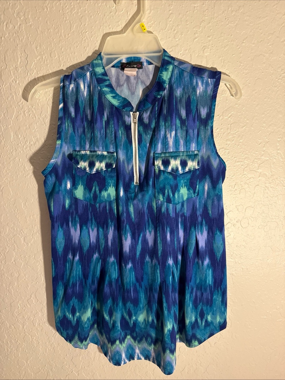 Cocomo Blue Teal Ikat-Print Sleeveless Zip-Front Top